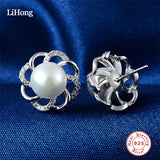 925 Silver Pearl Stud Earrings CZ Women Jewelry