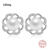 925 Silver Pearl Stud Earrings CZ Women Jewelry