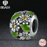 925 Silver Green Daisy Flower Leaves Charms Bead for Bracelet Making