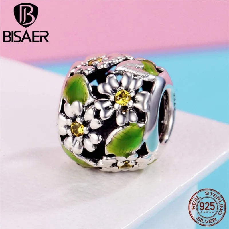 925 Silver Green Daisy Flower Leaves Charms Bead for Bracelet Making