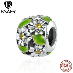 925 Silver Green Daisy Flower Leaves Charms Bead for Bracelet Making