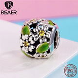 925 Silver Green Daisy Flower Leaves Charms Bead for Bracelet Making