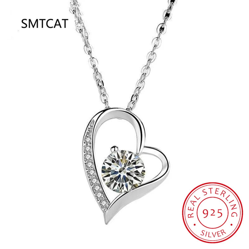 925 Silver CZ Choker Necklace Heart Pendant Chain Women Jewelry