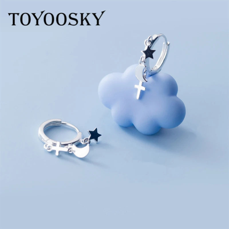 925 Silver Star Moon Cross Hoop Earrings Lady Party Ear Buckle Fine Jewelry