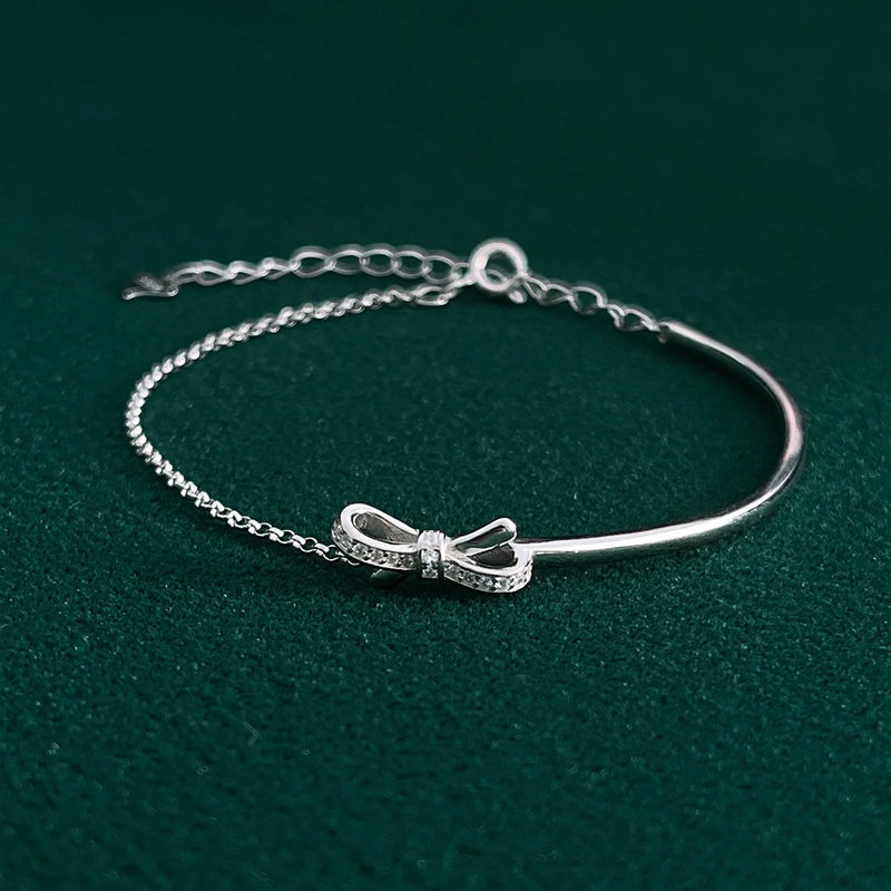 925 Silver Bow Zircon Chain Bracelet Women Gift