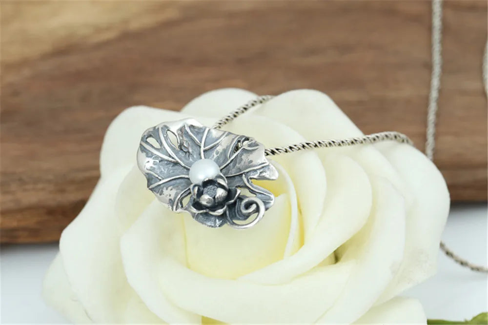 925 Silver Vintage Punk Locomotive Necklace with Pearl Pendant