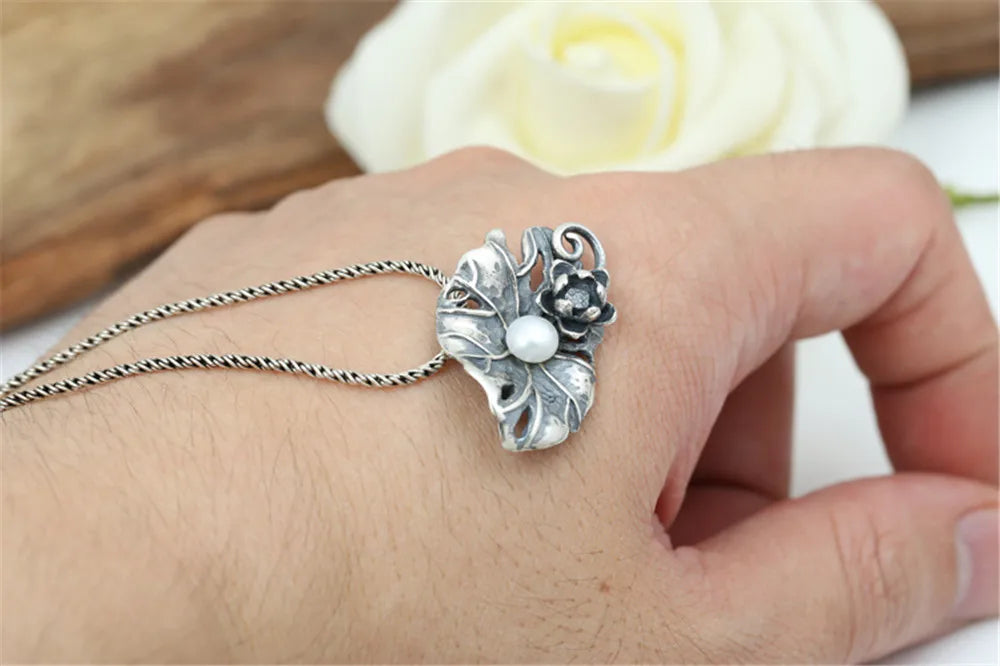925 Silver Vintage Punk Locomotive Necklace with Pearl Pendant