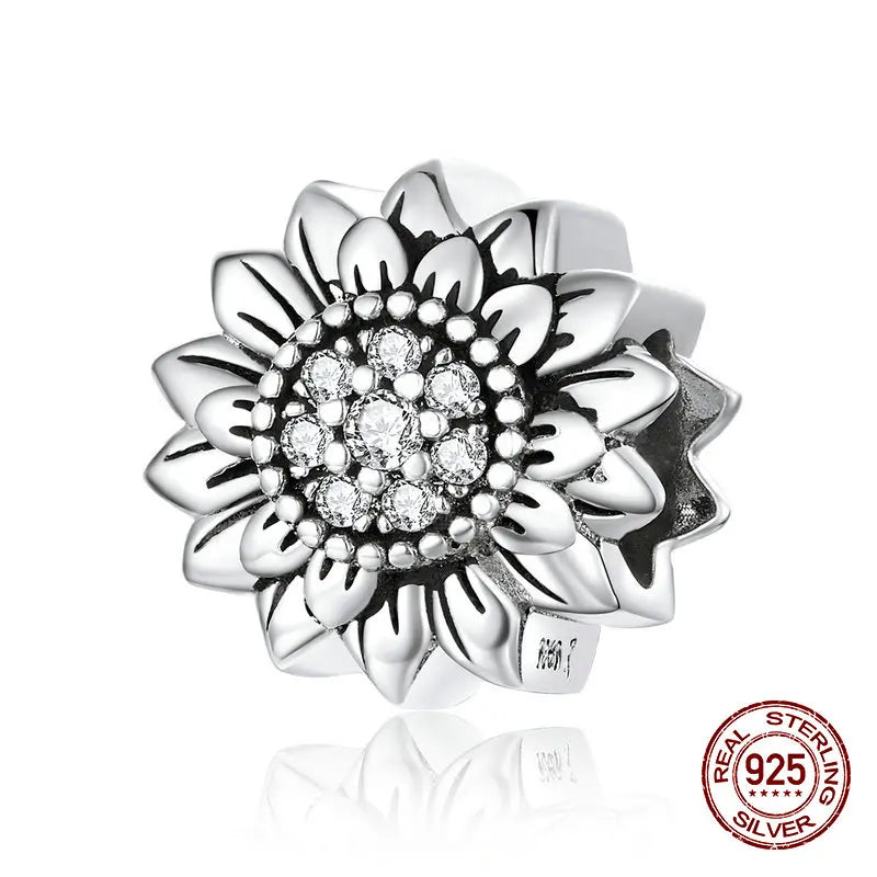 925 Silver Zircon Sunflower Charm Beads Bangle Pendant