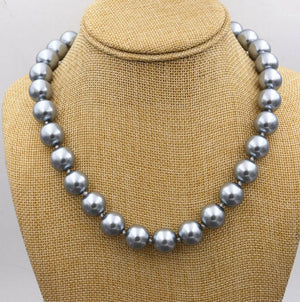 14mm Silver Gray Shell Pearl Round Beads Necklace 18''