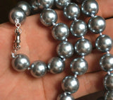 14mm Silver Gray Shell Pearl Round Beads Necklace 18''