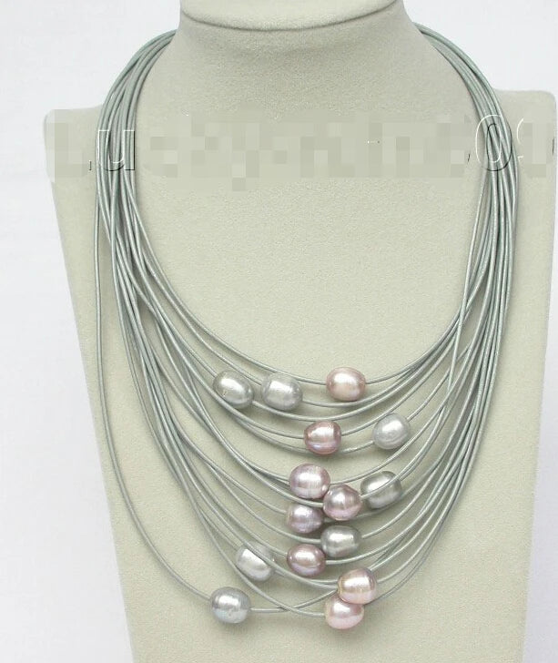 Purple Gray Pearl Leather Necklace 14mm Magnet Clasp