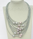 Purple Gray Pearl Leather Necklace 14mm Magnet Clasp