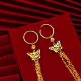 18K AU750 Drop Earrings Plum Butterfly Tassel Earrings Fine Jewelry