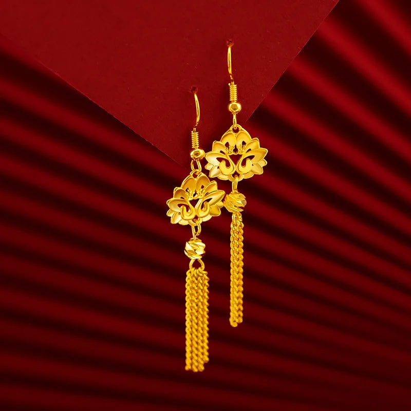 18K AU750 Plum Blossom Tassel Earrings for Women