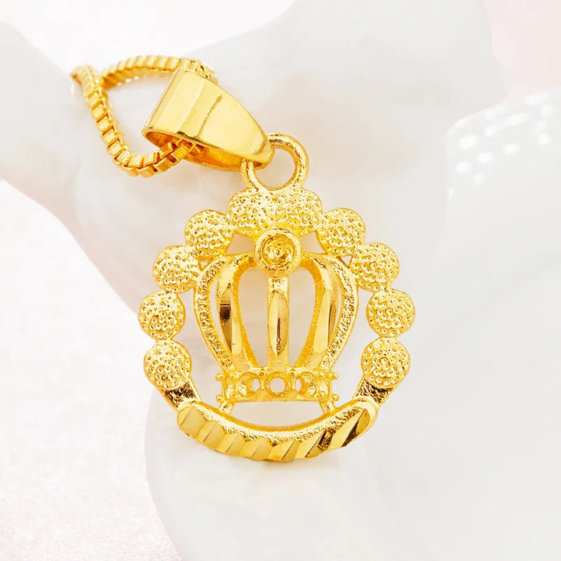 18k Pure Gold Crown Pendant for Women, Thick Filled Necklace Pendants