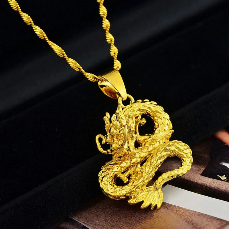24K Yellow Plated Dragon Pendant Necklace for Men - Not Fade