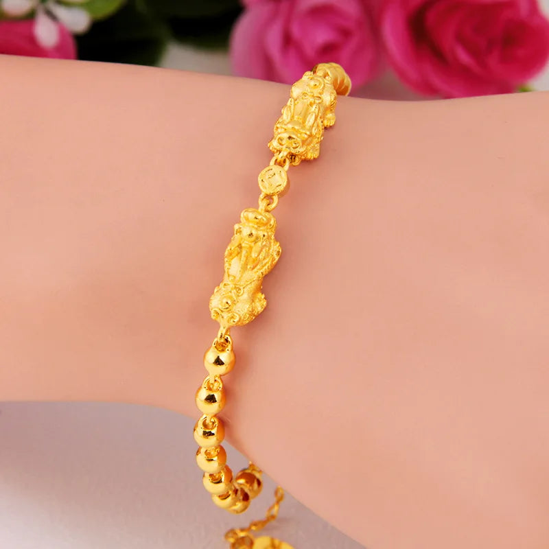 Double Pixiu Buddha Beads Bracelet for Women, 24k Jewelry Hand Chain Bracelets