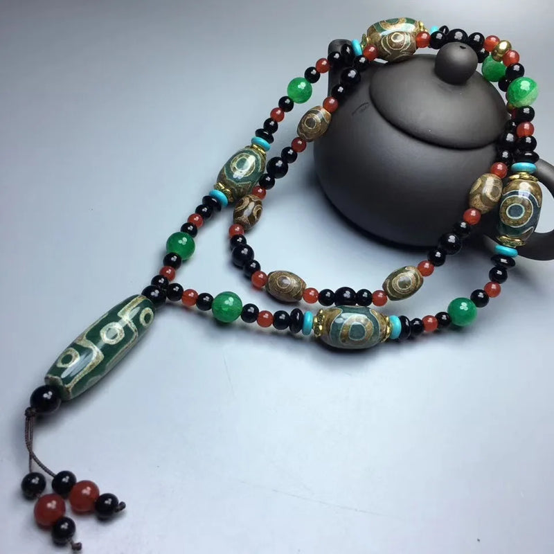 9 Eye Tibetan Dzi Bead Pendant Three Eyes Beaded Tassel Necklaces