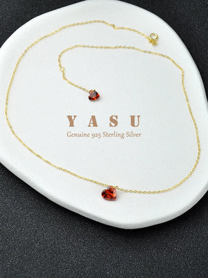 925 Silver 14K Plated Necklace Ruby Love Heart Pendant Women Clavicle Chain