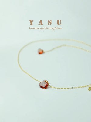 925 Silver 14K Plated Necklace Ruby Love Heart Pendant Women Clavicle Chain
