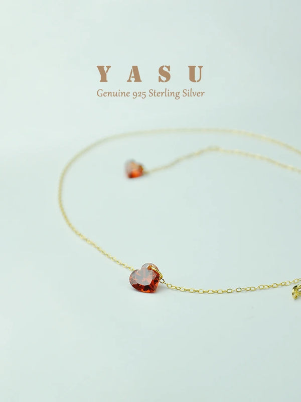 925 Silver 14K Plated Necklace Ruby Love Heart Pendant Women Clavicle Chain