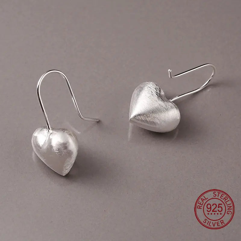 925 Silver Heart Earring Hooks Brushed Love Dangle Earrings