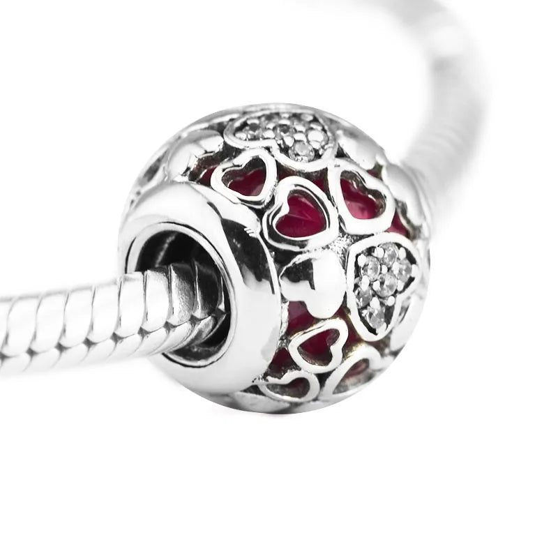 925 Sterling Silver Love Charm with Pink Crystal Bead for Bracelet