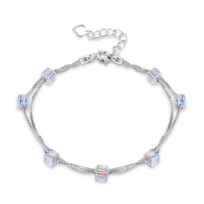 925 Silver Charm Bracelet Double Chains Cubic Crystal Women Mothers