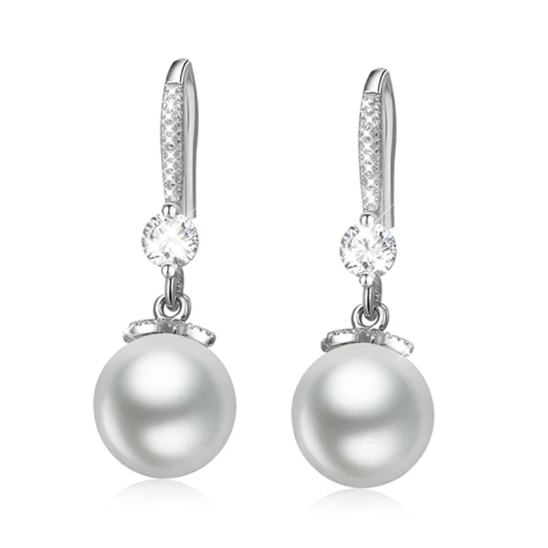 925 Silver Pearl Drop Earrings Women Zircon Gift