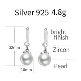 925 Silver Pearl Drop Earrings Women Zircon Gift