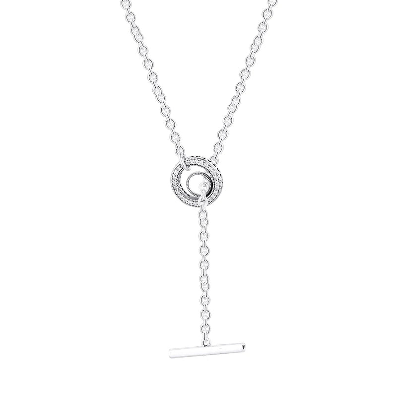925 Silver Chain Necklaces Pave Circle Logo T-bar Heart Necklace for Women