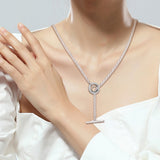 925 Silver Chain Necklaces Pave Circle Logo T-bar Heart Necklace for Women