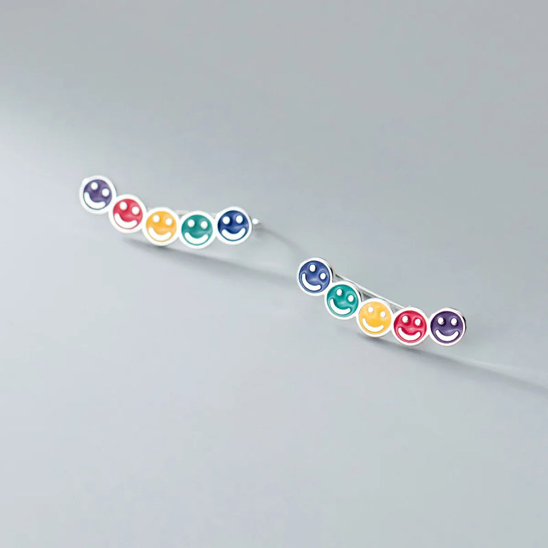 925 Silver Colorful Smile Face Ear Climber Earrings Geometric Crawler Jewelry