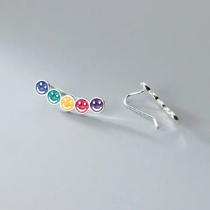 925 Silver Colorful Smile Face Ear Climber Earrings Geometric Crawler Jewelry