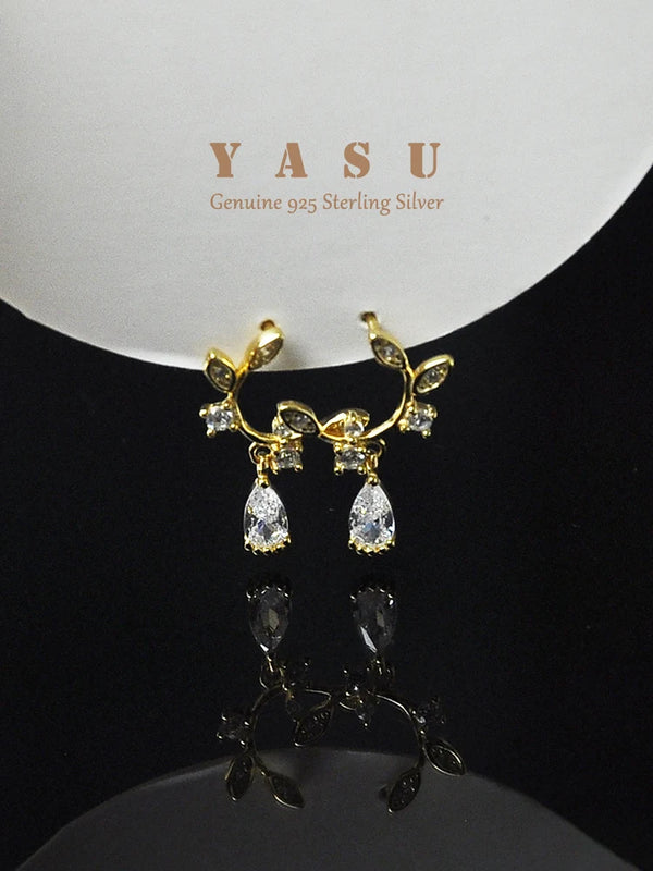 925 Silver Crystal Leaf Drop Earrings Noble 14k Plating Party Jewelry