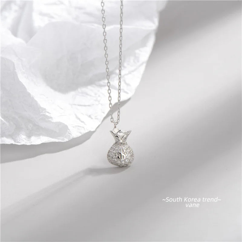 925 Silver Crystal Money Bag Pendant Necklace