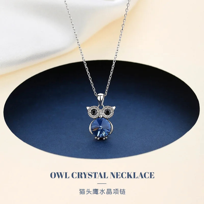 925 Silver Owl Pendant Necklace Austrian Crystal Dainty Jewelry