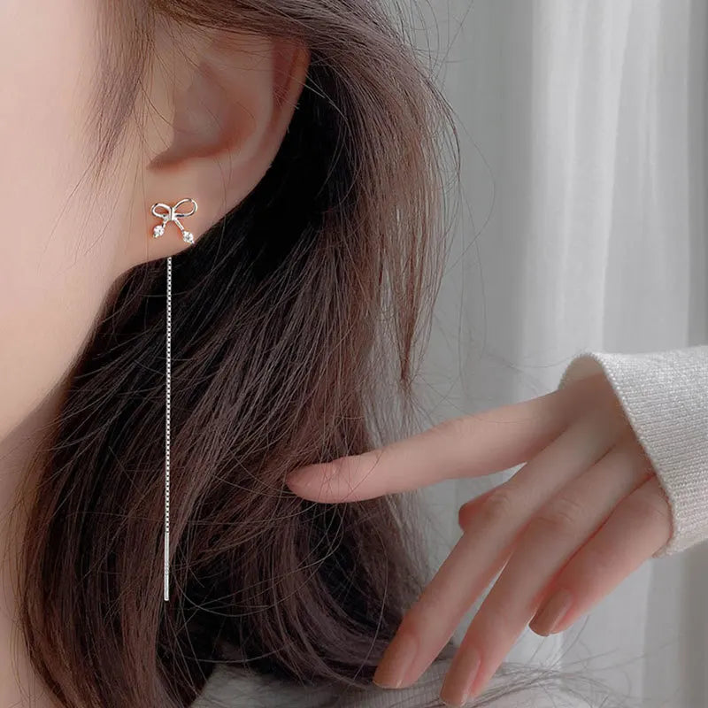 925 Silver Bowknot Drop Earrings Dainty Pull Through Earring Fine Jewelry