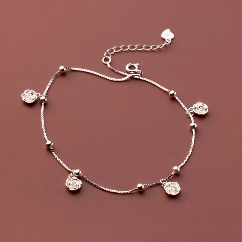 925 Sterling Silver Rose Flower Anklets Box Chain Ankle Bracelet Foot Chains