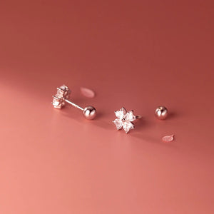 925 Silver Zircon Ball Stud Earrings Four Petals Flower Charm Jewelry