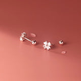 925 Silver Zircon Ball Stud Earrings Four Petals Flower Charm Jewelry