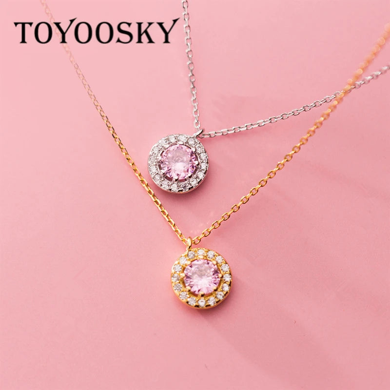925 Silver CZ Circle Necklace Geometric Pendant Women Party Fine