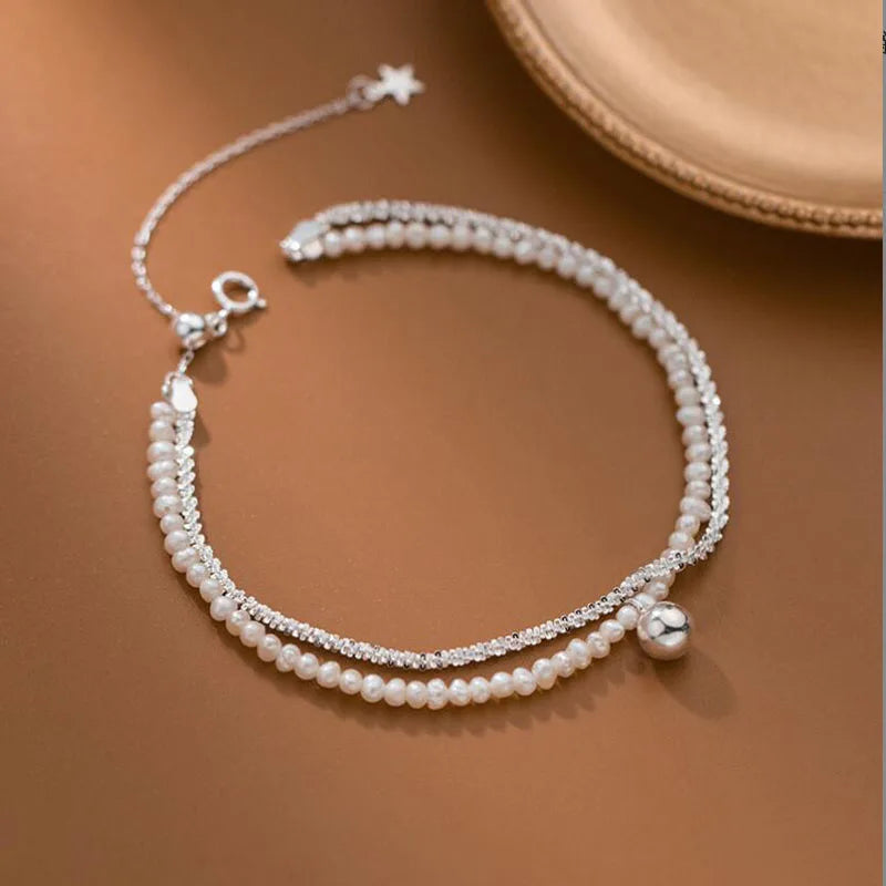 925 Silver Double Chain Pearl Layer Bracelet DB1046