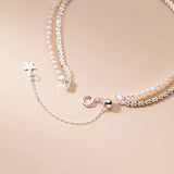 925 Silver Double Chain Pearl Layer Bracelet for Women Wedding Jewelry