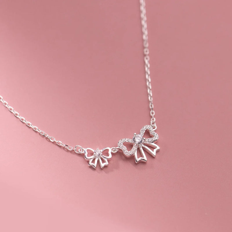 925 Sterling Silver Double Hollow Bowknot Choker Necklaces for Women