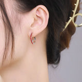 925 Silver Double Layered C Shape Hoop Earrings Zircon Enamel Hypoallergenic
