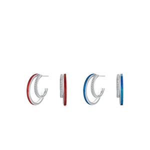 925 Silver Double Layered C Shape Hoop Earrings Zircon Enamel Hypoallergenic