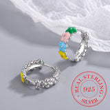 925 Silver Enamel Flower Hoop Earrings Pendientes Plata 925