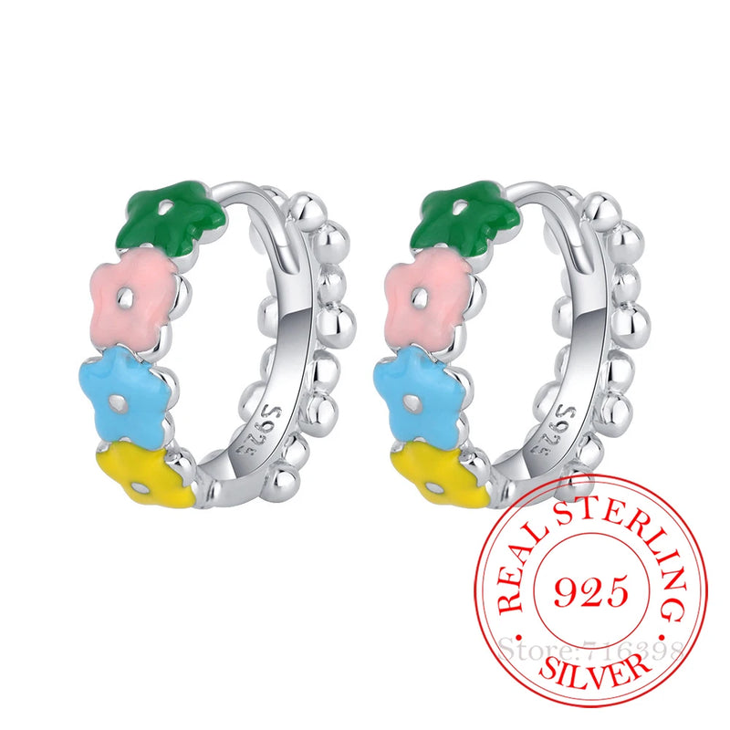 925 Silver Enamel Flower Hoop Earrings Pendientes Plata 925