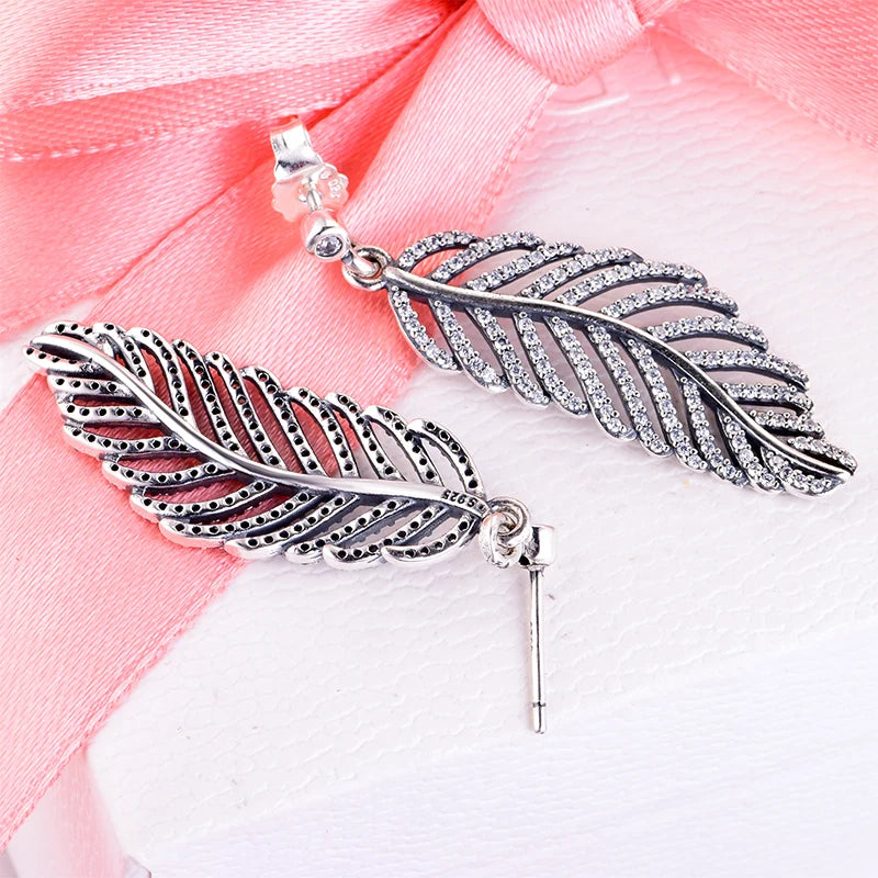 925 Silver Feather Stud Earrings Women Party Wedding Gift